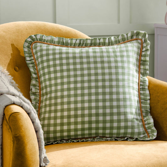 Maude Gingham Reversible Piped Cushion Sage