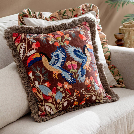 Mirrored Toucan Embroidered Cushion Multicolour