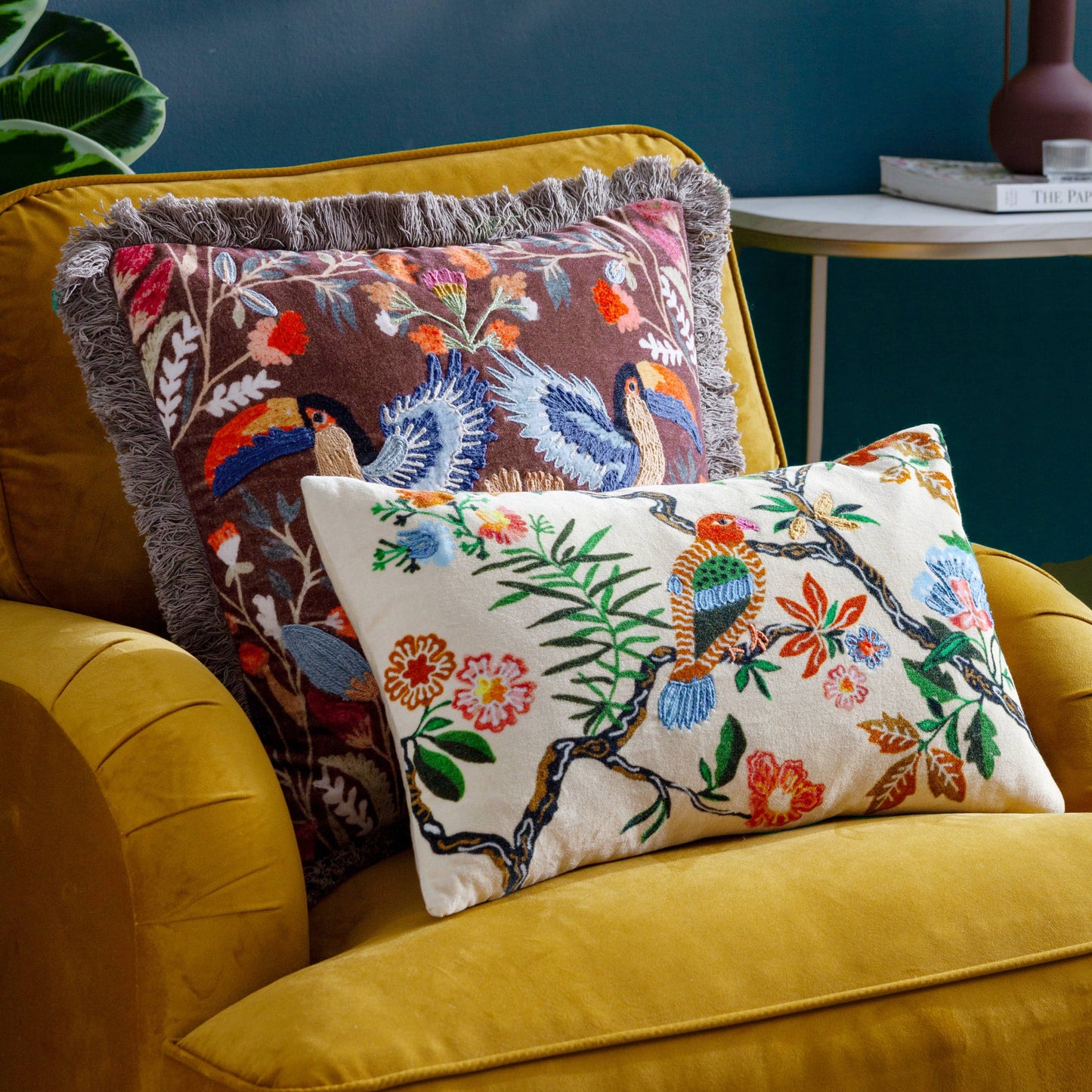 Mirrored Toucan Embroidered Cushion Multicolour