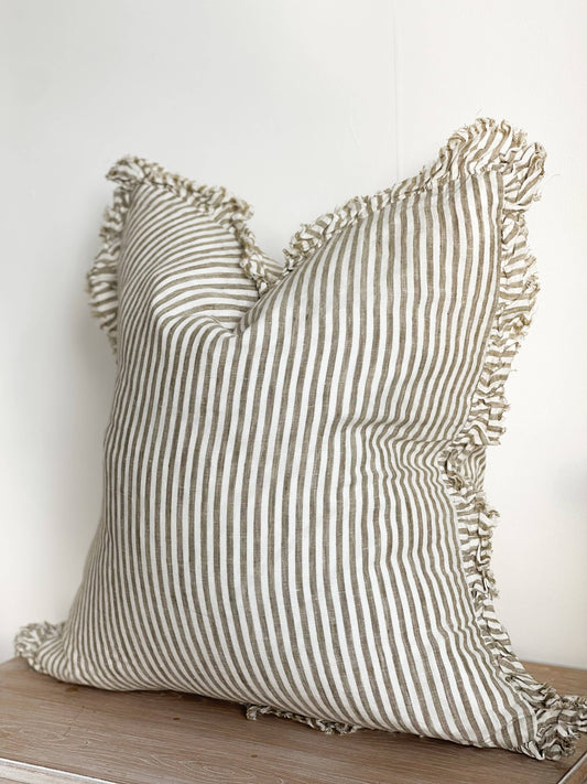 Ruffled Linen Cushion, Olive Stripe